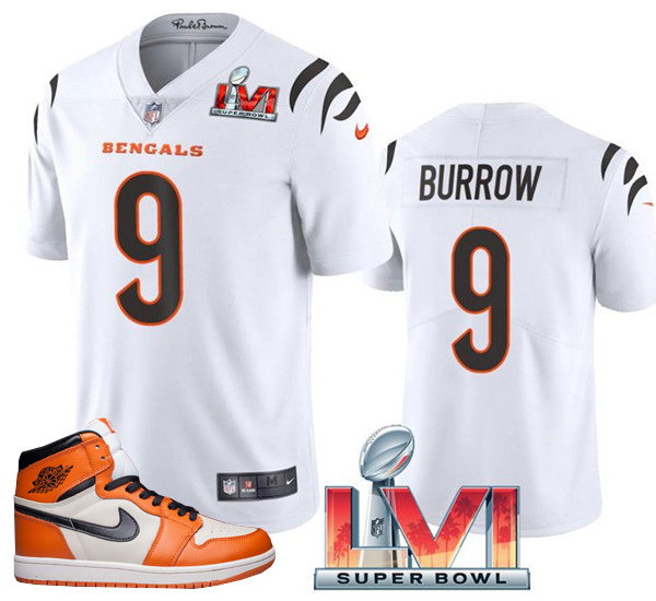 Men's Bengals #9 Joe Burrow 2022 White Super Bowl LVI Stitched Jersey + AJ 1 Shoes Men's Bengals #9 Joe Burrow 2022 White Super Bowl LVI Stitched Jersey + AJ 1 Shoes